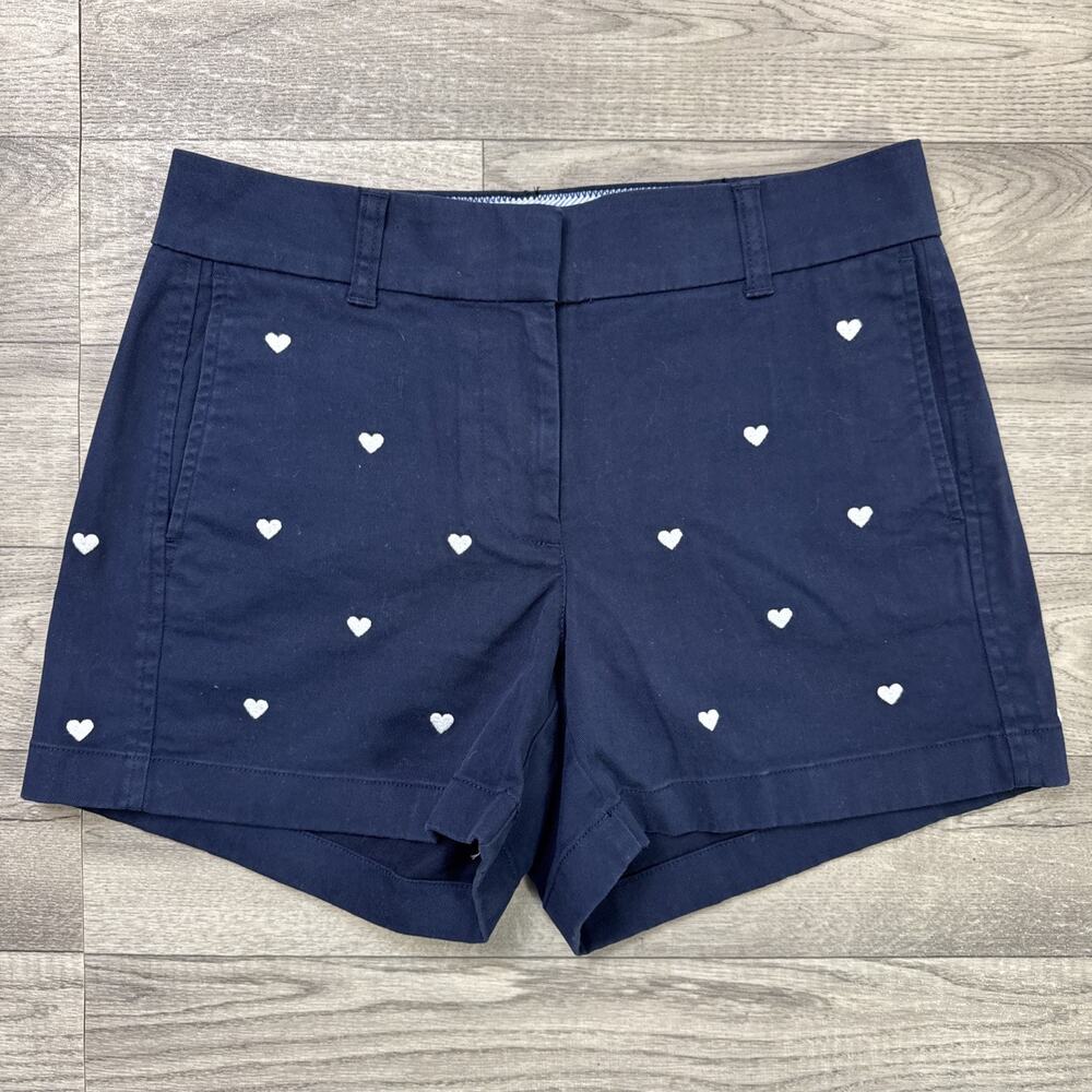 J. Crew Stretch Chino Shorts Navy Blue Heart Embroidery sz 0